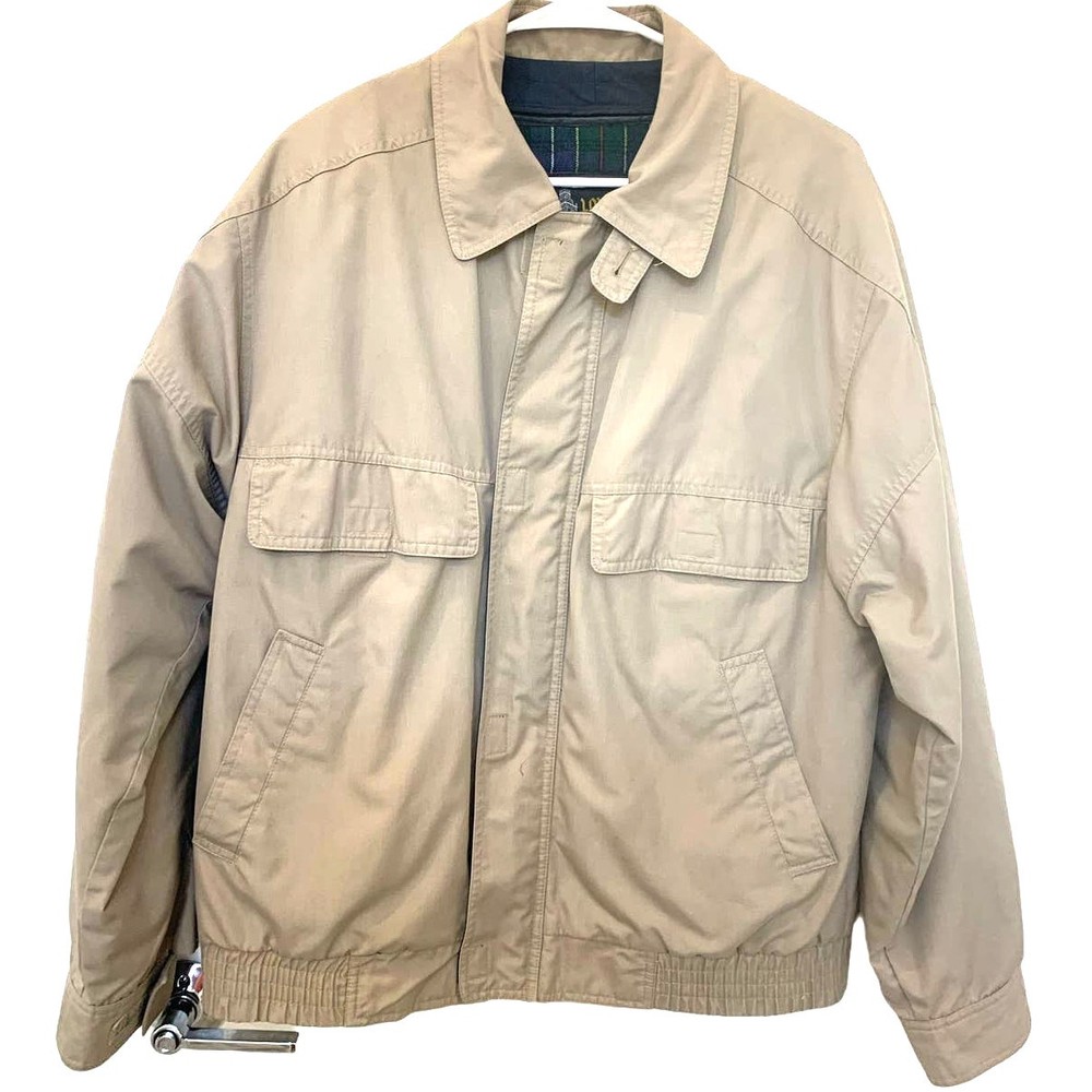 London Fog Mens Gray Rain Bomber Jacket with Removable Plaid Flannel Lining 40L