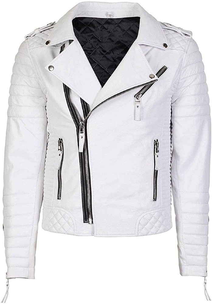 100% Genuine Lambskin White Leather Biker Jacket for Men - MBJ4a
