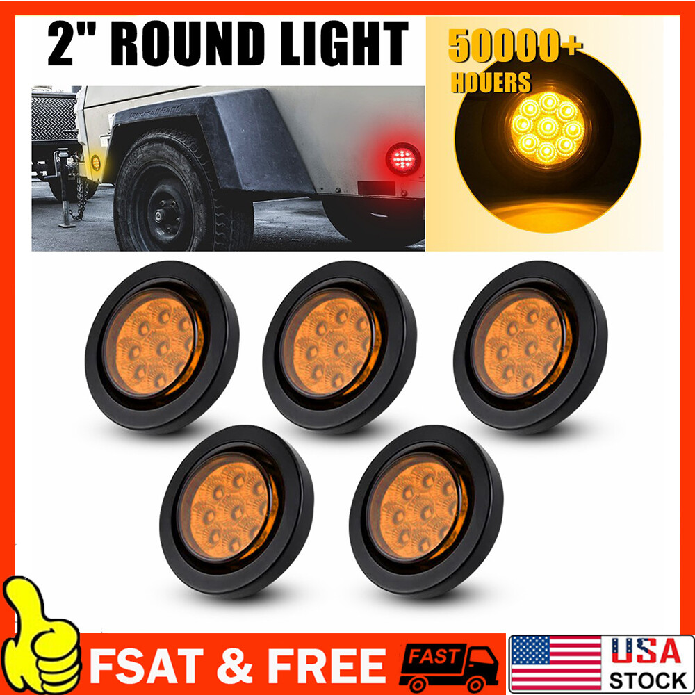 5-Piece Set of 2-Inch DOT-Approved Amber Round LED Trailer Marker Lights with Grommet Mount for Trucks, Trailers, and RVs – Durable and Weatherproof Design for Enhanced Visibility and Safety.