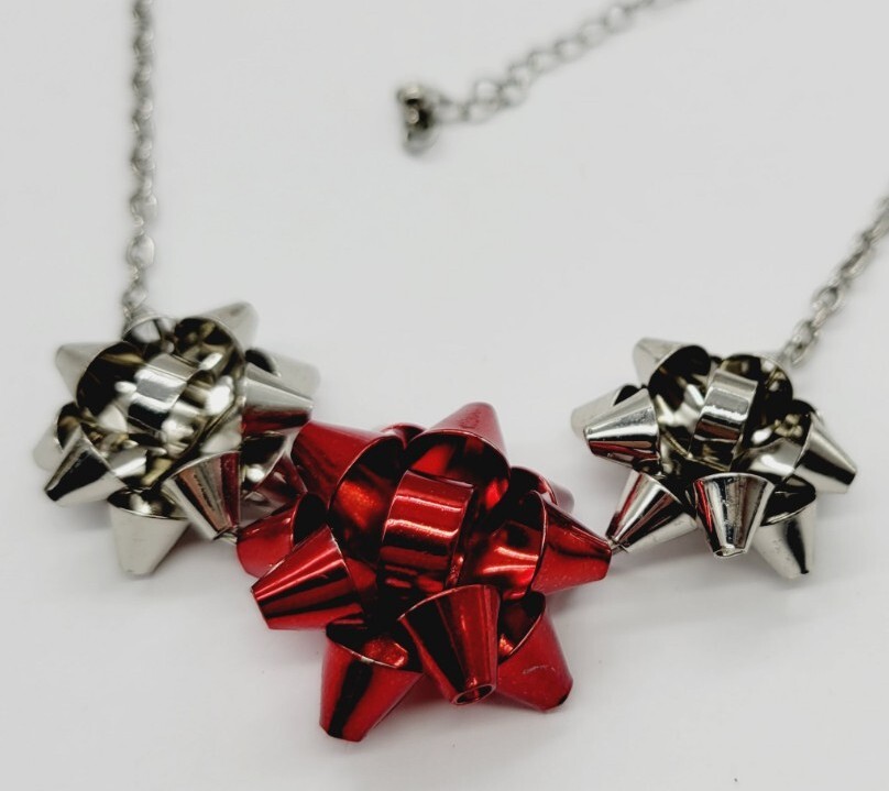 CHRISTMAS CHARM Necklace BOW Statement Silver tone ART DECO 21 in