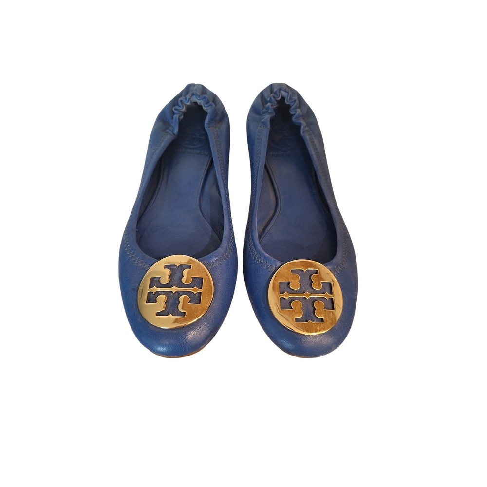 Tory Burch Navy Blue Leather Reva Ballet Flats Logo Women's 6M