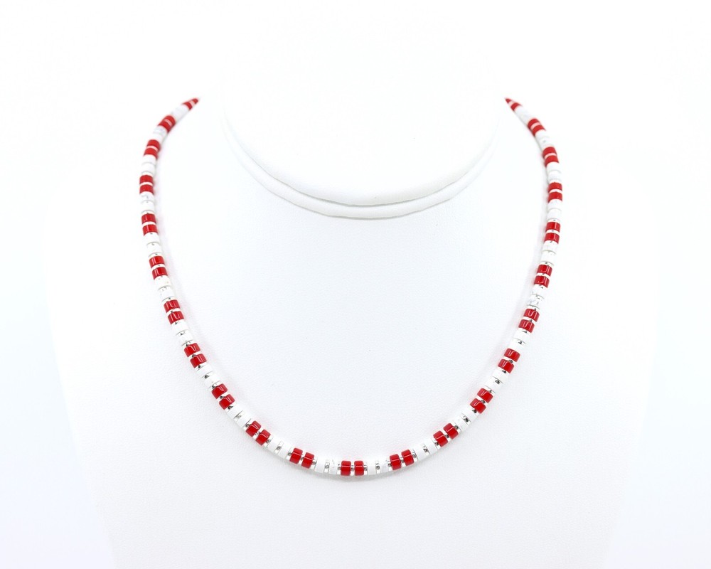 4mm Red Jade & White Buffalo Sterling Silver Heishi Bead Necklace Artisan Choker