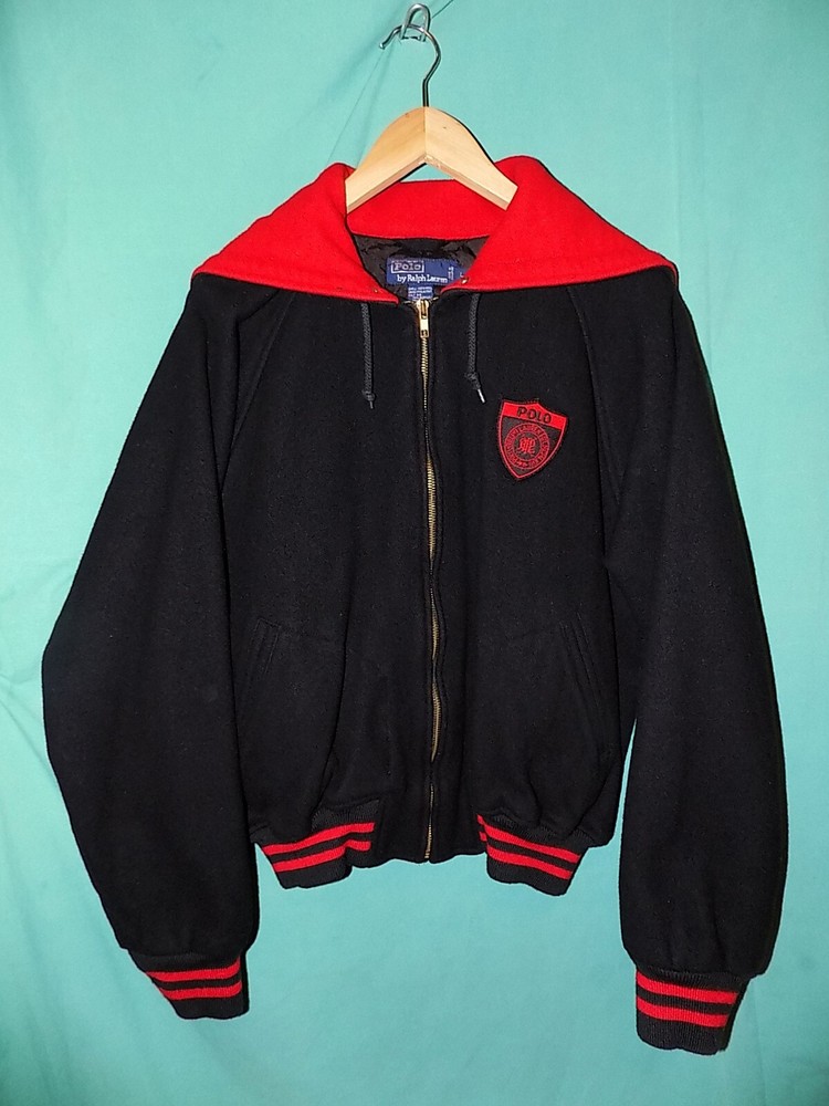 Exc! Vtg RALPH LAUREN POLO WOOL VARSITY JACKET, SHIELD LOGO,SPLIT ZIP HOOD, XL