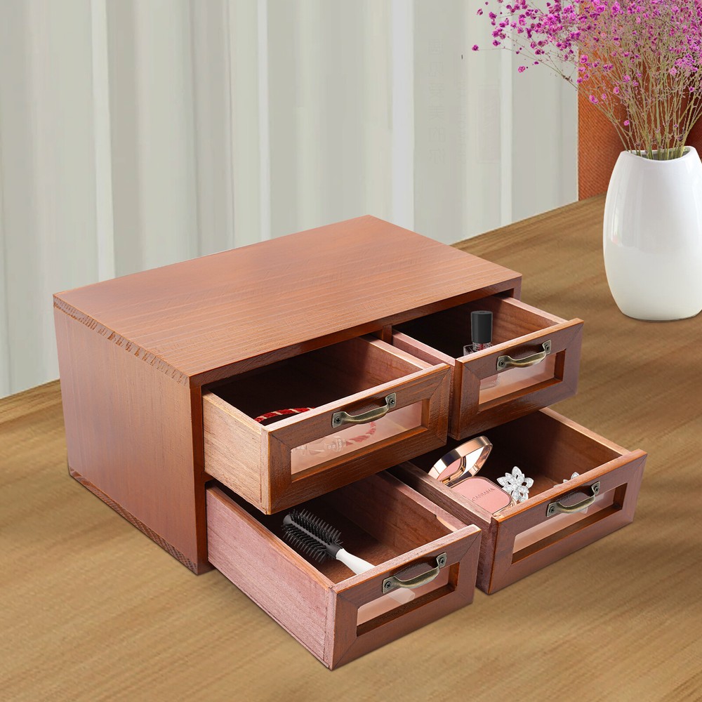 Desk Organizer with Drawers Wooden Desktop Storage Cabinet Storage Box, 4 Drawer
