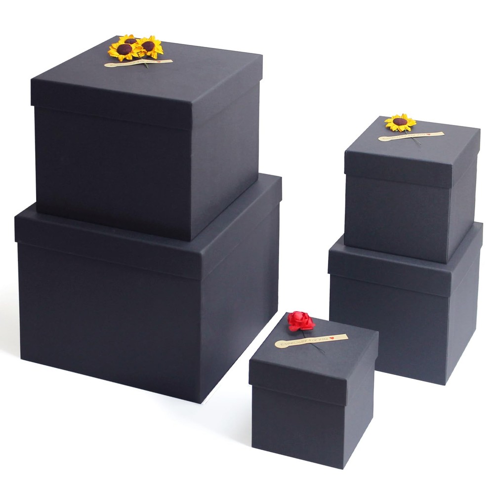 Black Gift Boxes for Presents -Nesting Set of 5 Square Gift Boxes with Lids i...