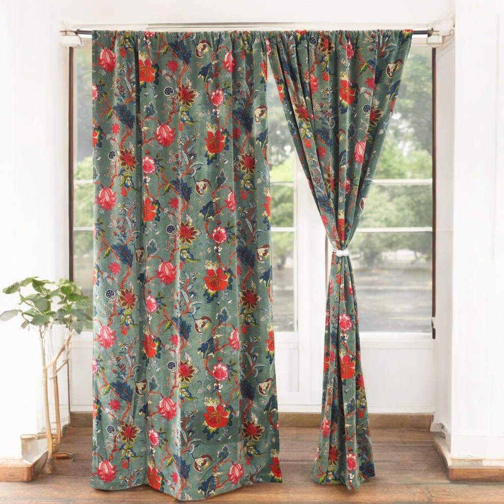 Floral Screen-Printed Cotton Velvet Curtains 4-Panel Set  
