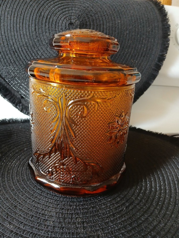 Vintage Amber Glass Tiara Jar with Lid Glassware  