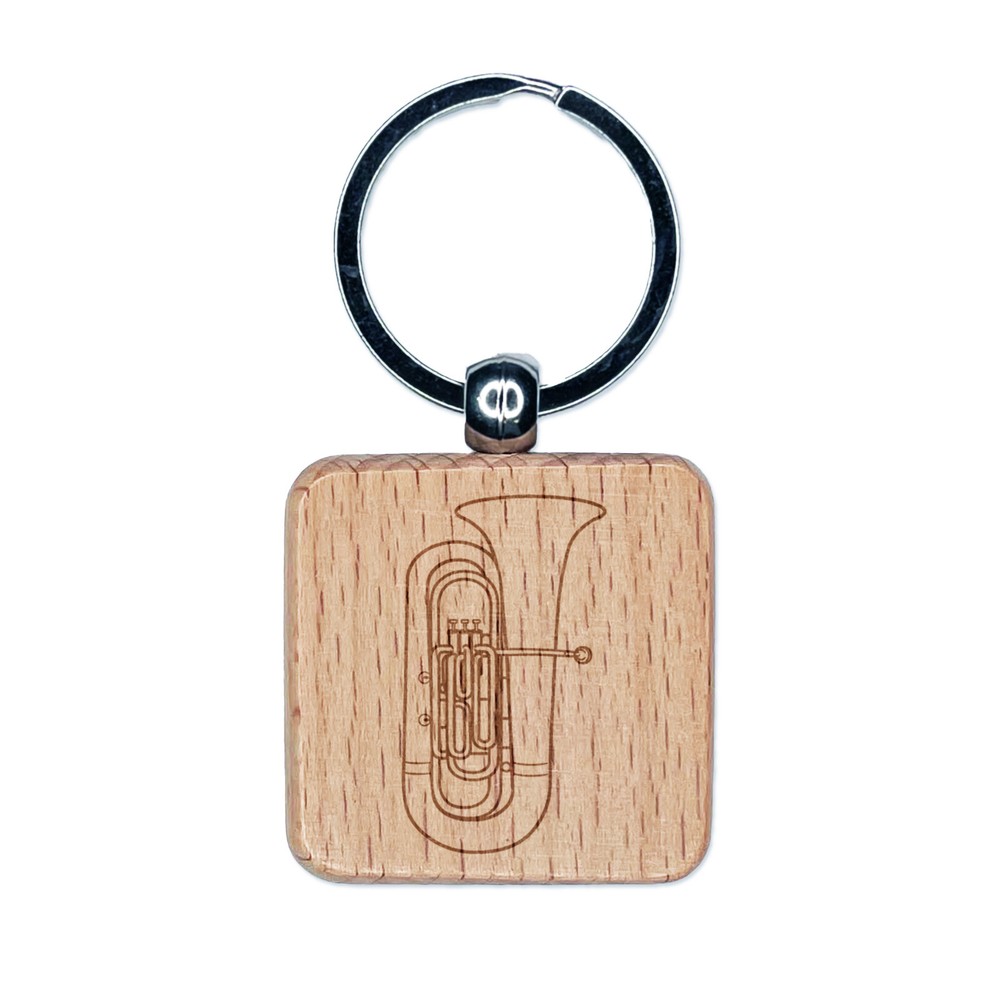 Tuba Brass Musical Instrument Engraved Wood Square Keychain Tag Charm