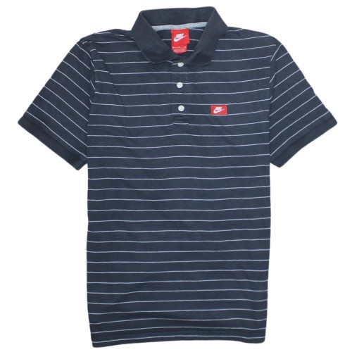 Nike Mens Polo Shirt Navy Blue Striped Cotton Dri Fit Embroidered Chest Logo M