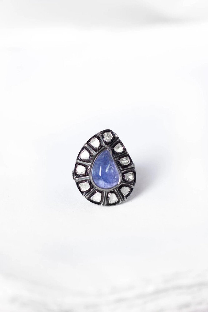 Elegant Blue Pear Cut Tanzanite and Polki Cocktail Ring in 925 Sterling Silver