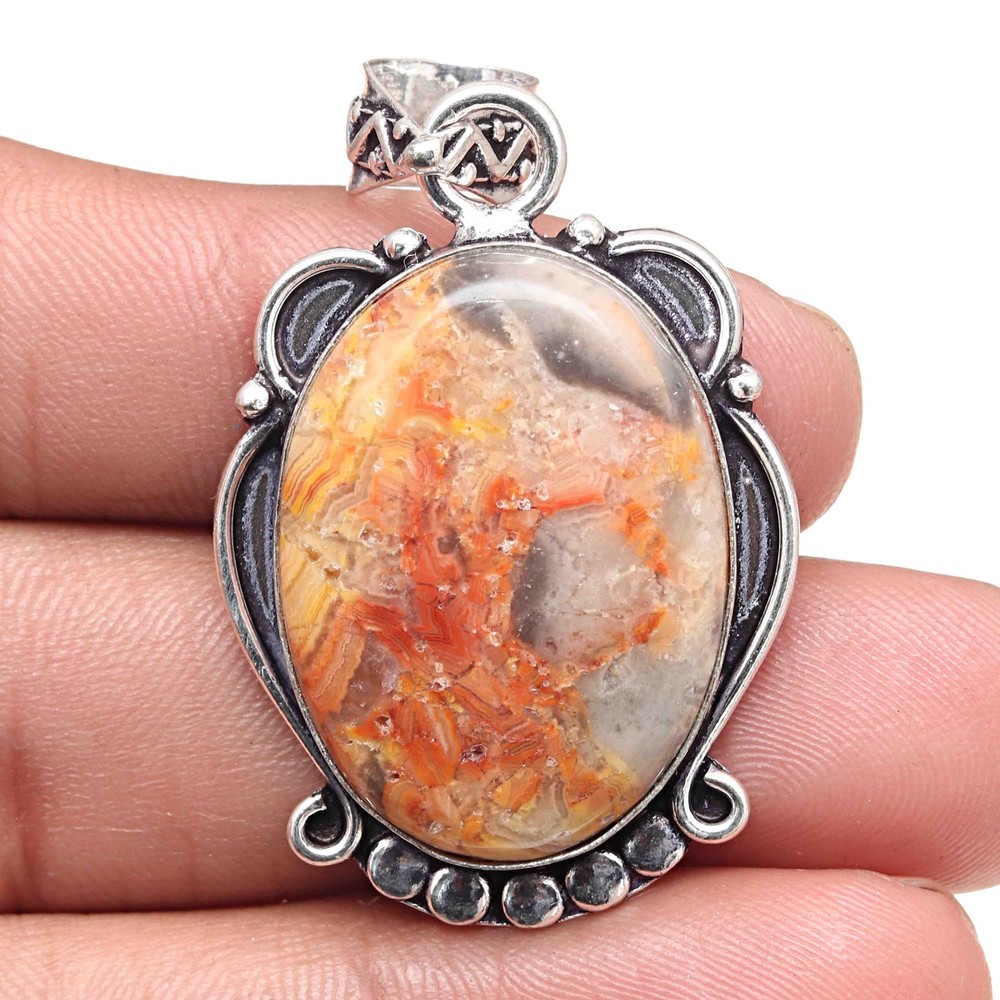 Crazy Lace Agate Silver Pendant Valentine Gift Jewelry 2.25 Inch