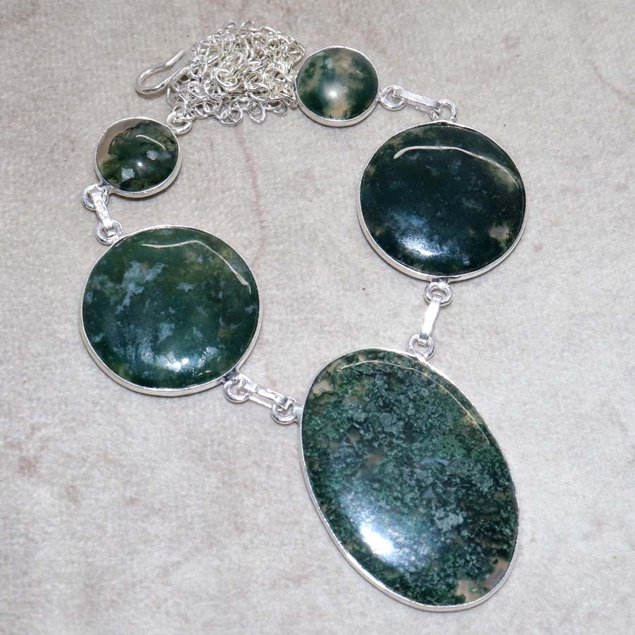 925 Silver Plated Classy Moss Agate Necklace 18