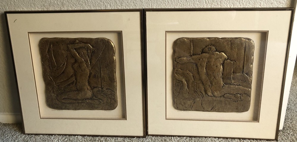 Gold Tone Sculptural Plaque Signed F. McLain “Figure Study 1,2” Brutalist RARE