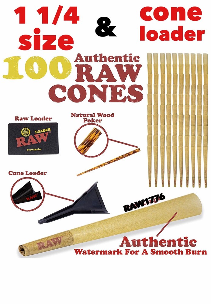 RAW Classic 1 1/4 Pre-Rolled Cones 100 Pack with Cone Loader