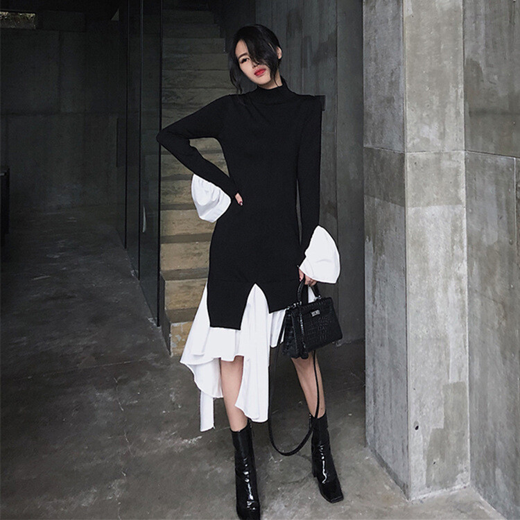Womens Korean Fashion Patchwork Long Flare Sleeves Asymmetric Knitted Sweater