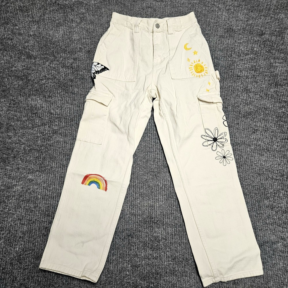 PacSun Jeans Womens Size 25 White Carpenter Cargo Straight Leg High Rise Rainbow