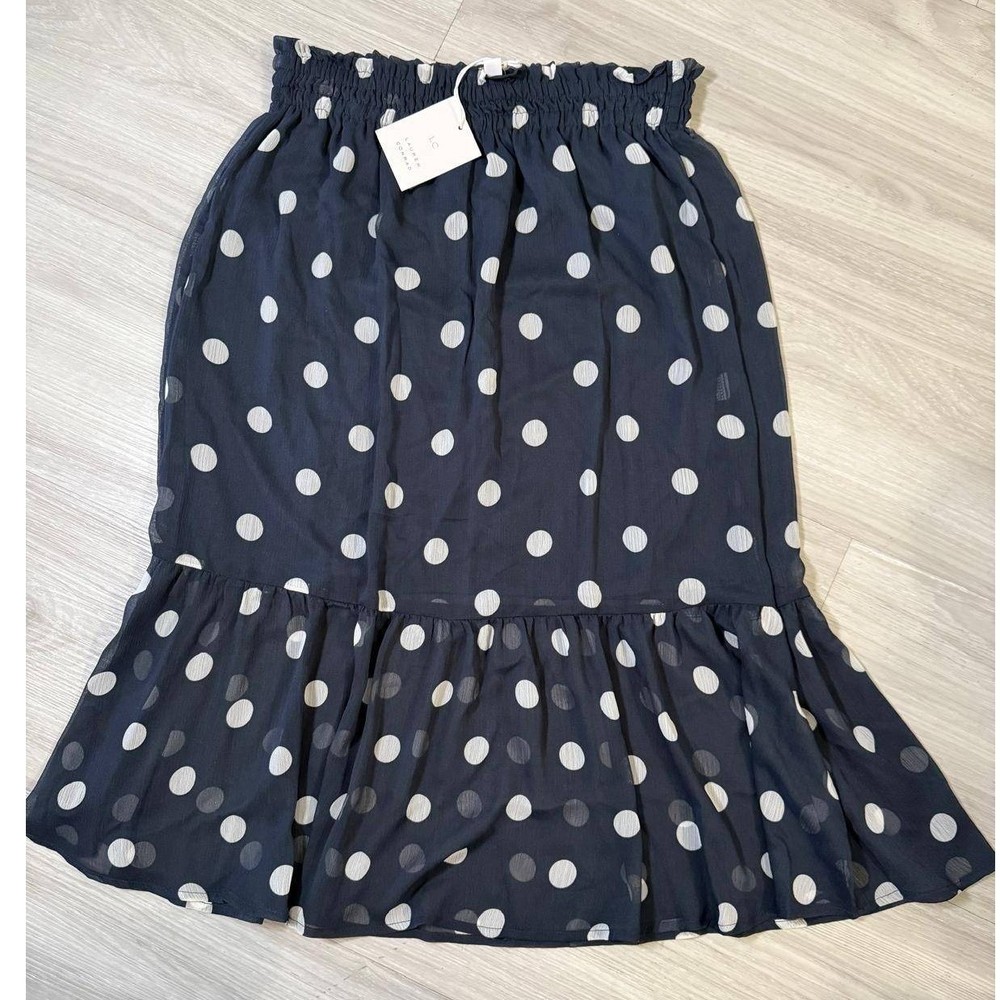 LC Lauren Conrad Polka Dot Ruffle Hem Midi Skirt Size Medium Navy White