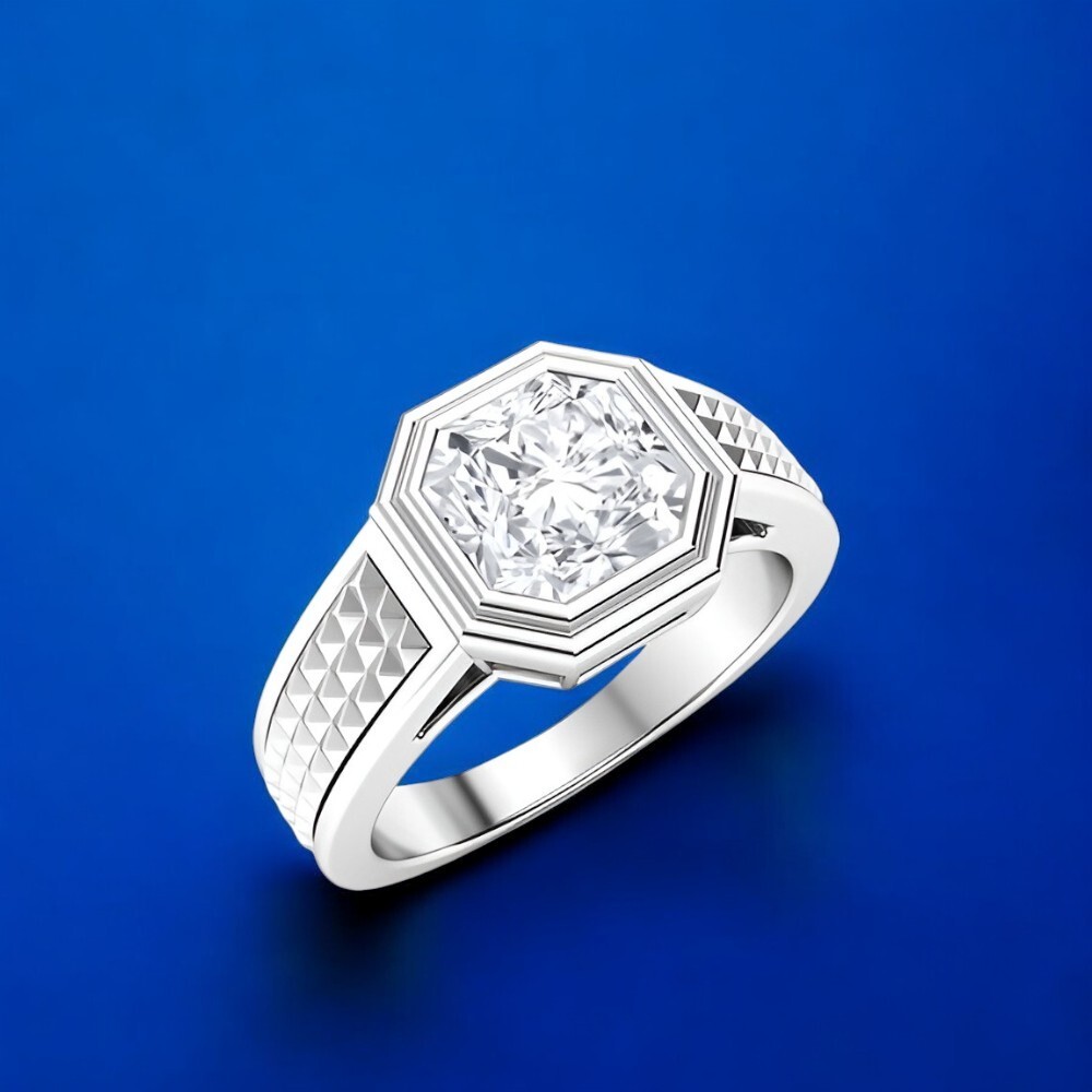 18K White Ring Mens Gold Diamond Band 1.50 Ct Octagon Cut IGI Lab Grown