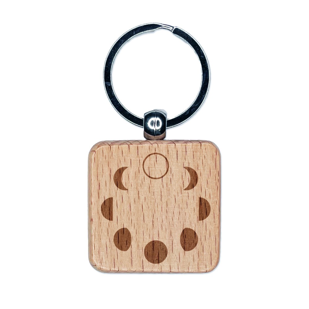 Moon Phases Circle Engraved Wood Square Keychain Tag Charm