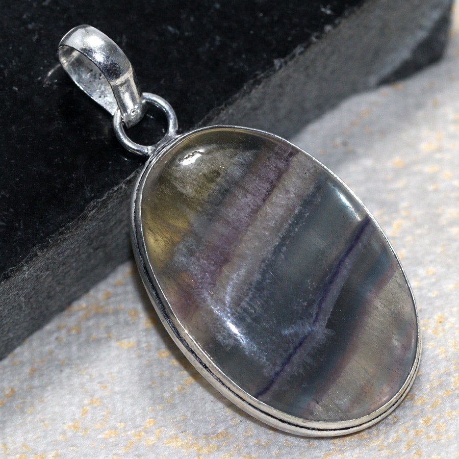 Rainbow Fluorite Silver Plated Gemstone Pendant Necklace Stylish Gift 2 Inch
