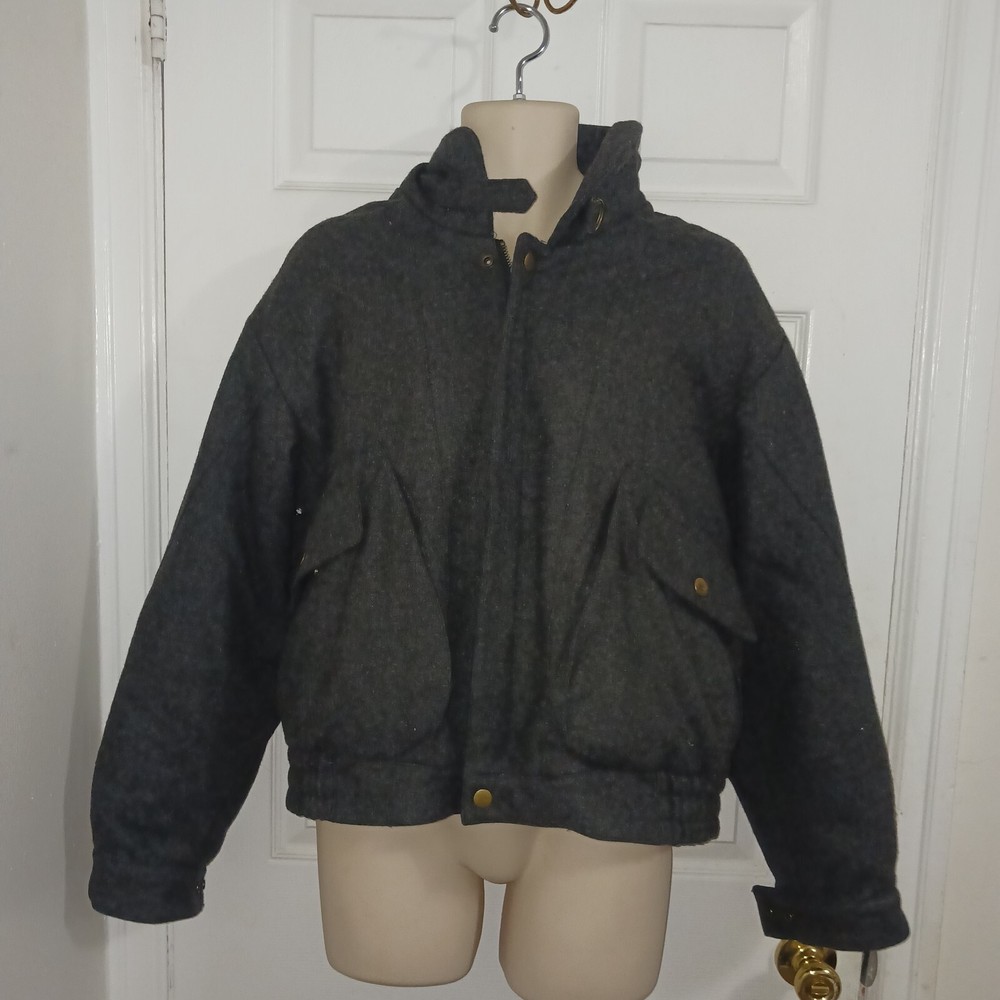 Mens Wool Blend Coat Gray MedIum Bomber Style Full Zip Pockets Hunting Horn