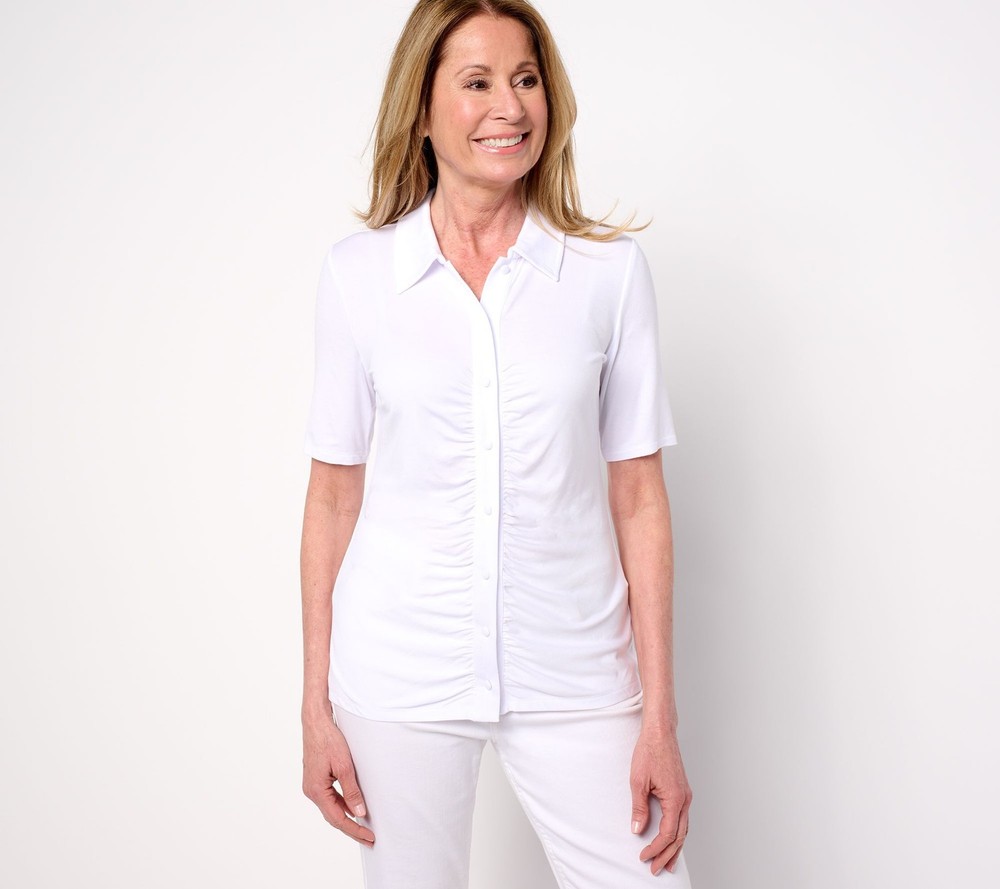 Dennis Basso Women's Top Sz M Button Front Shirt with Shirring White A686963
