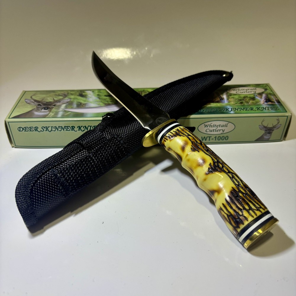 Frost Whitetail Fixed Blade Knife with Stag Handle Leather Sheath NIB