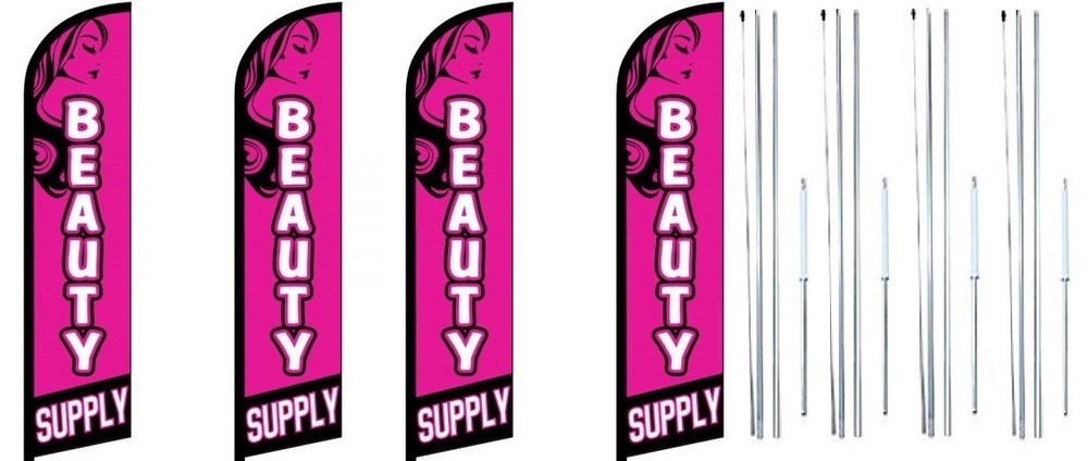 Beauty Supply Windless Flag With Complete Hybrid Pole set- 4 pack