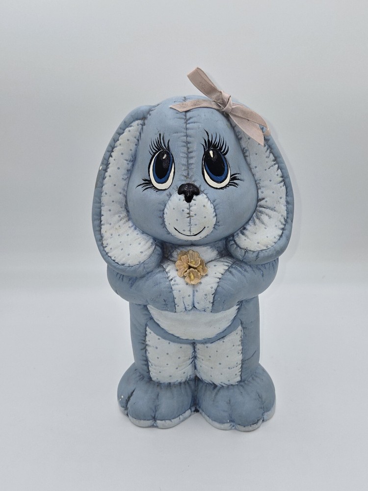 Vintage Hand Painted Ceramic Blue Bunny Easter Coin Bank Fluffy Tail 9.5”