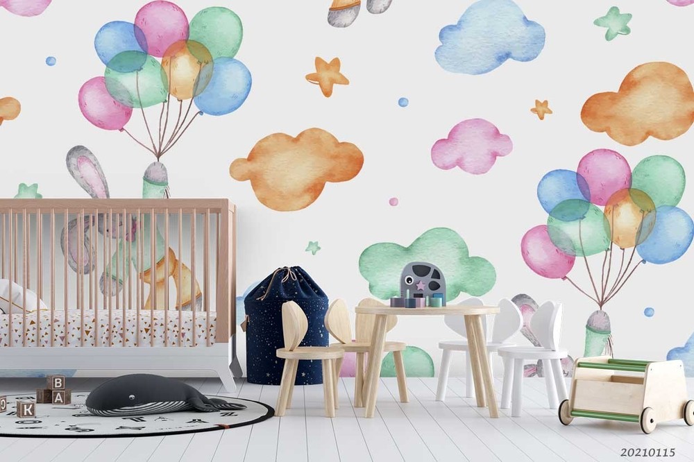 3D Rabbit Balloon Cloud Pattern Wall Murals Wallpaper Murals Wall Sticker