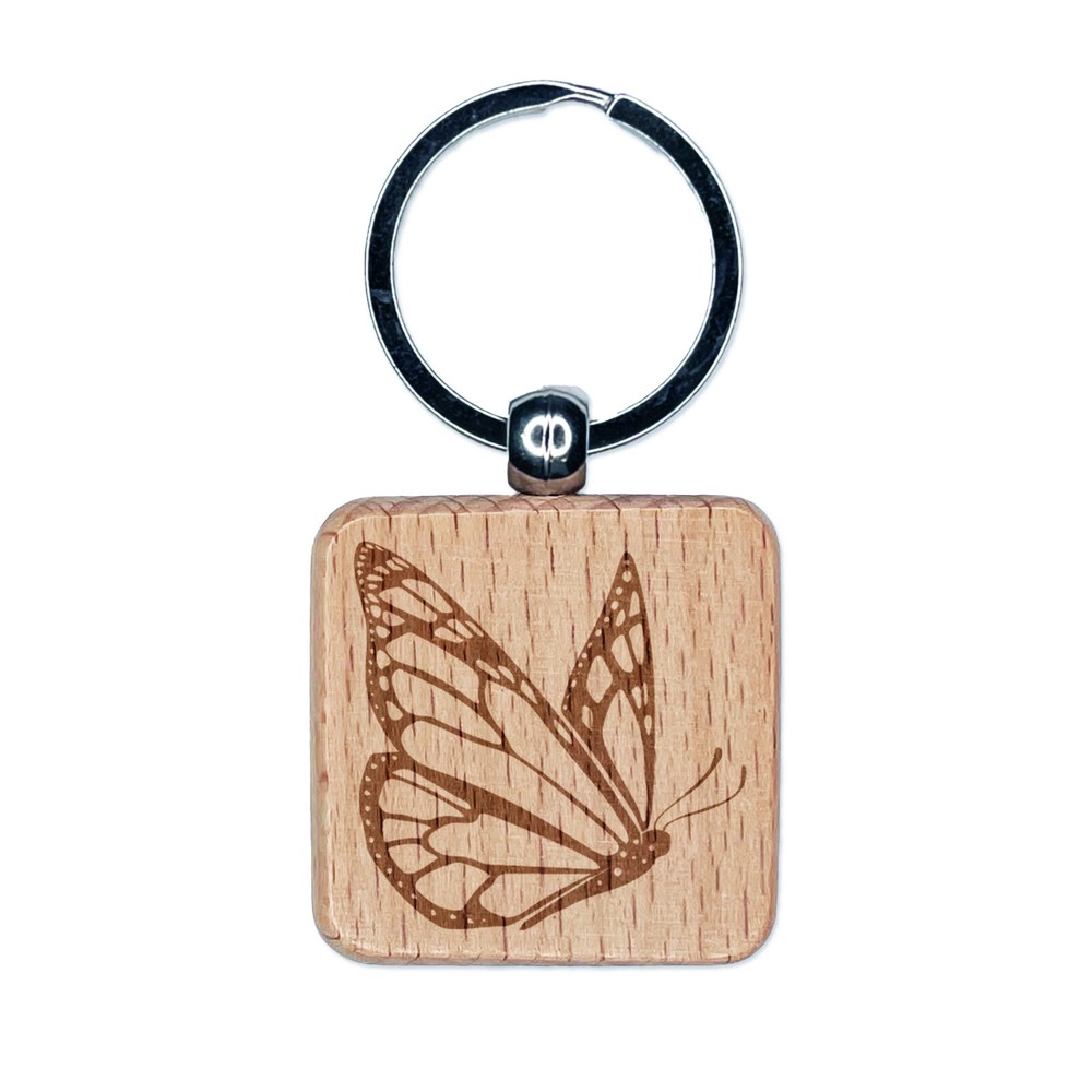 Flying Butterfly Engraved Wooden Keychain Charm with Square Tag