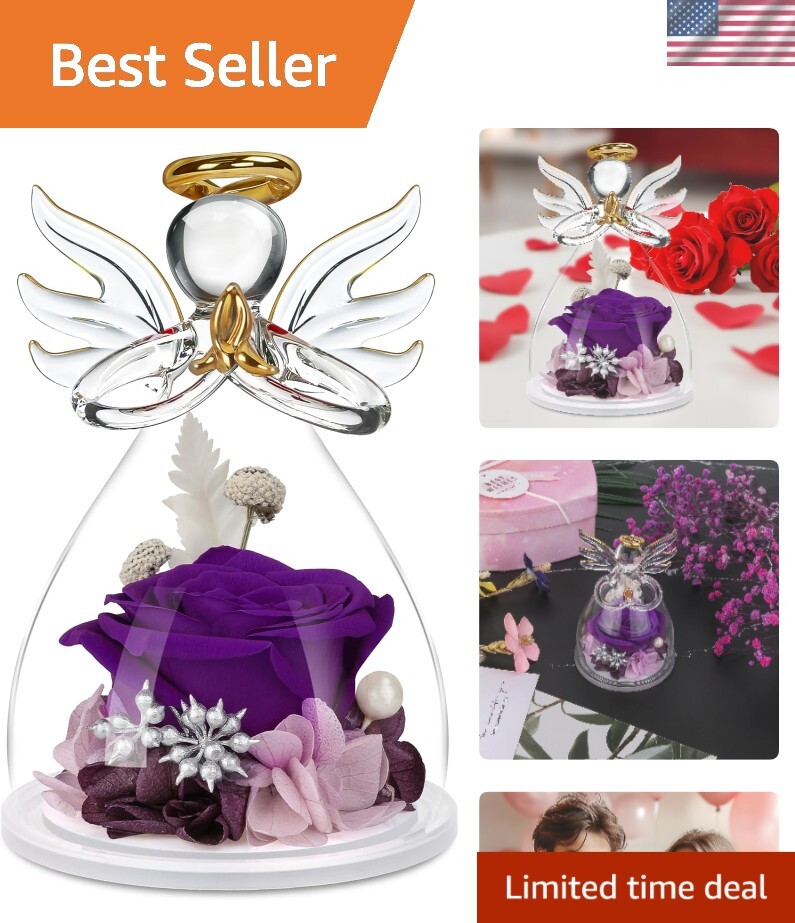 Preserved Purple Rose in Glass Angel Dome - Romantic Gift for Her