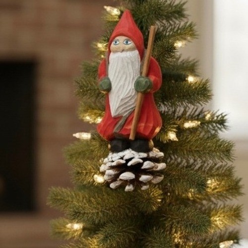 Hand Carved Wood Gnome Christmas Ornament Pinecone Galerie II New