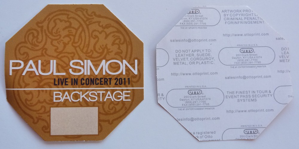 Paul Simon 2011 Concert Tour Brown Backstage Pass D21