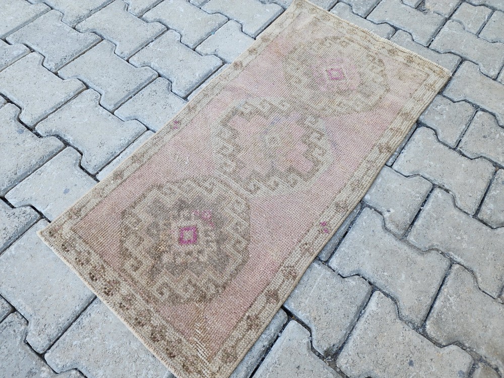 Hand Knotted Vintage Turkish Wool Rug 1.5x3.1ft Low Pile Red Carpet