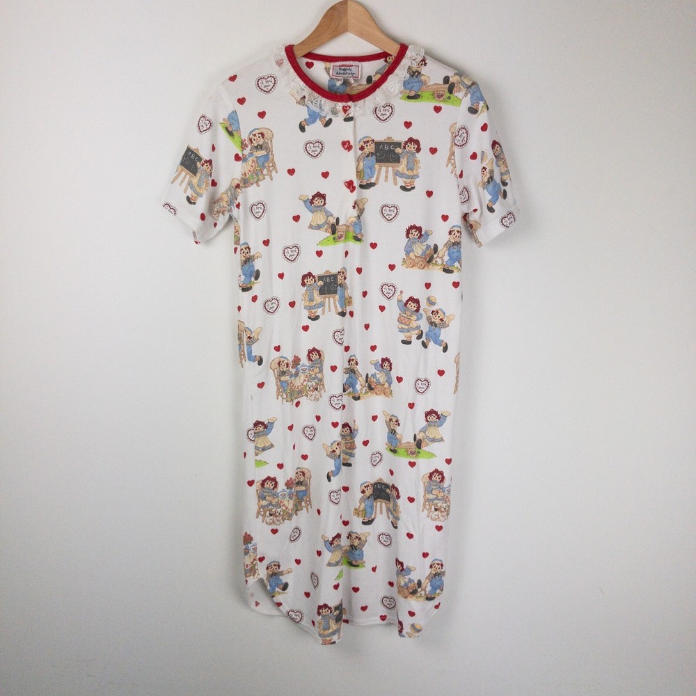 Raggedy Ann Andy White Lace Nightgown Womens Medium Nap Dress Heart Details