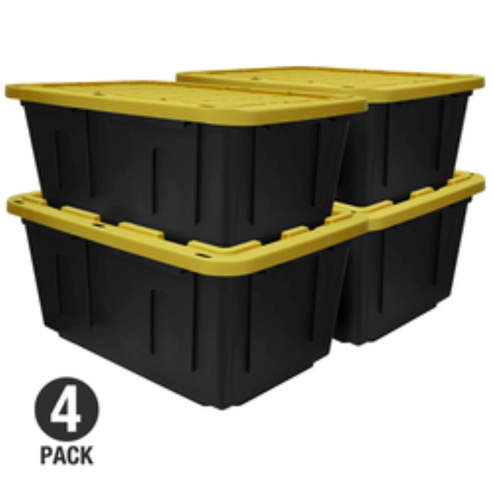 4PCS 27-Gallon Stackable Plastic Storage Bins with Secure Snap-On Yellow Lids