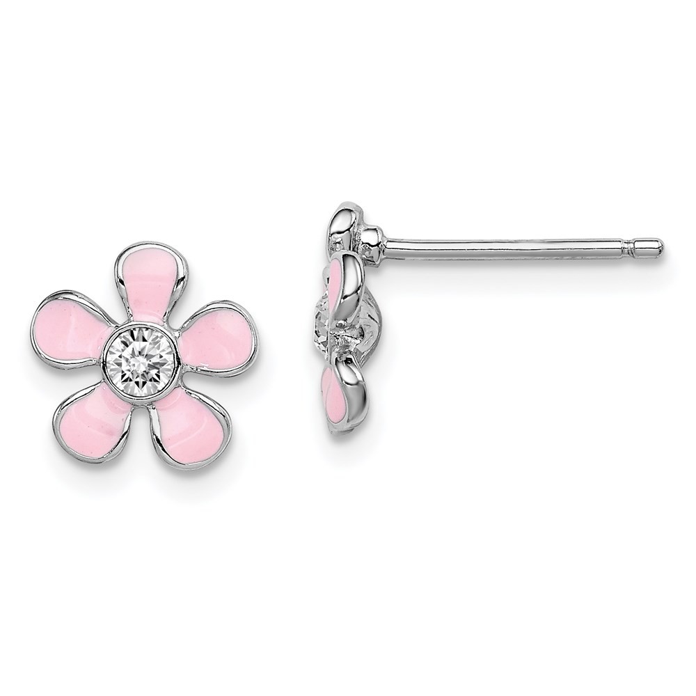 Sterling Silver Polished Pink Enamel & Crystal Flower Children's Stud Earrings