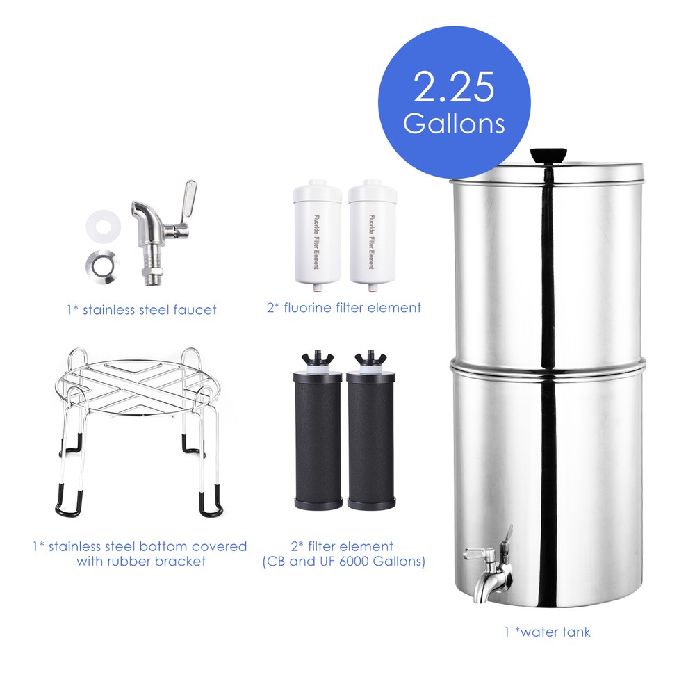 UV Gravity-fed Water Filter System with 4 Filters 2.25G Stainless-Steel