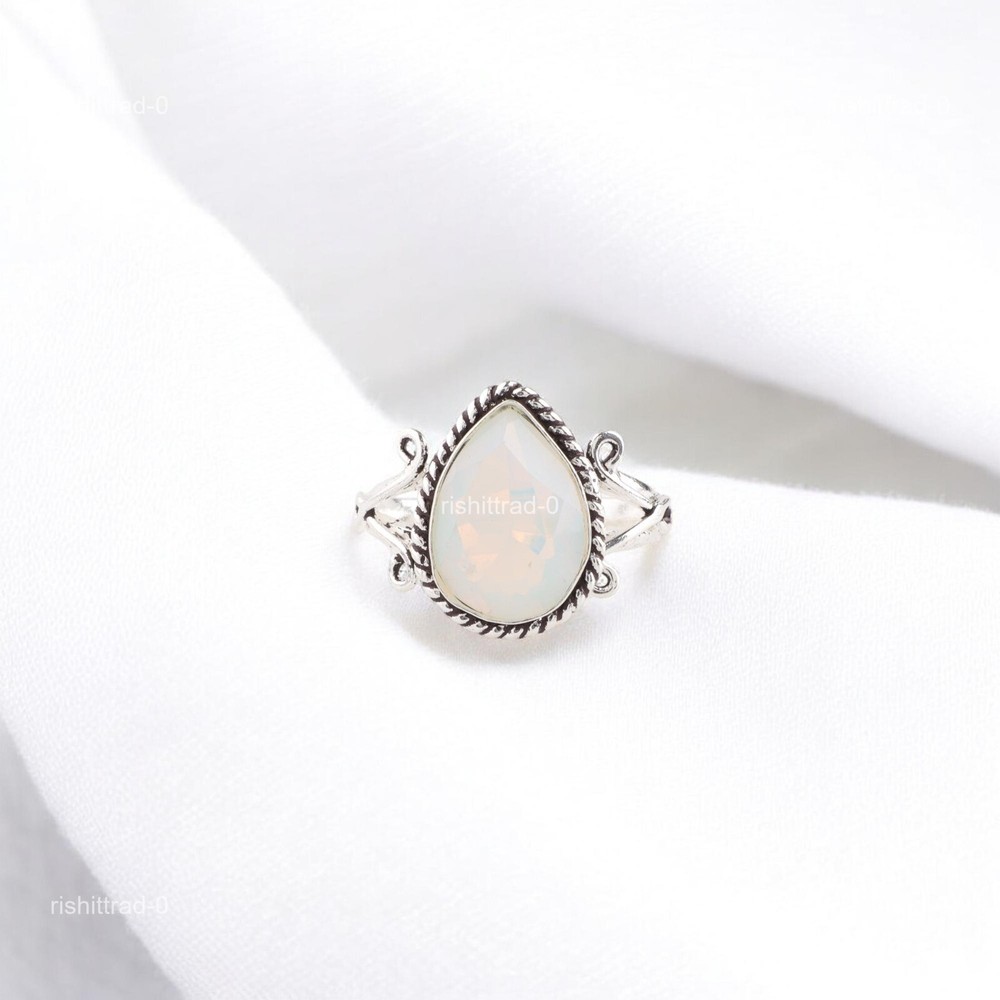 925 Silver Pear Milky Opal Gemstone Wedding Band Daughter Christmas Gift Ring