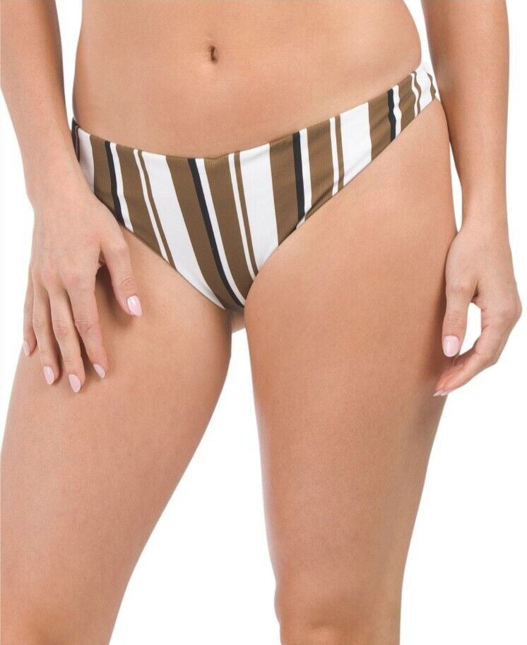 Vitamin A Isla Bikini Bottom Brown Tan Stripe Swim Swimwear Medium Made USA NEW