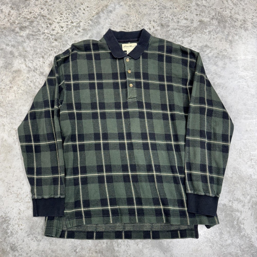 Eddie Bauer Polo Shirt Mens Large Green Plaid Long Sleeve Cotton Rugby Casual