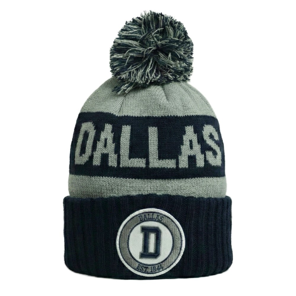 Knit Pom Pom Beanie Texas Dallas Star Gray Navy Adult size One Size