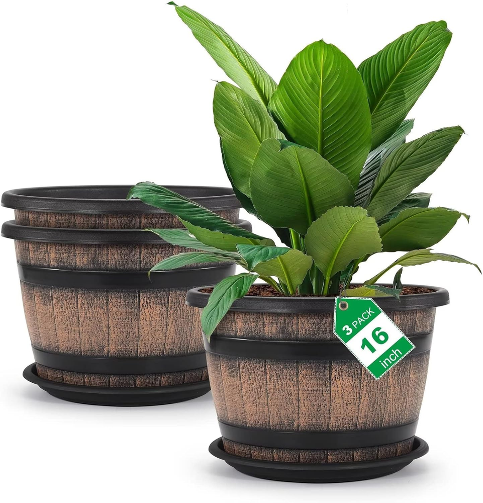 Quarut Large Plastic 3 Pack16 Inch Plant Pots,Whiskey Barrel Planters with Drain