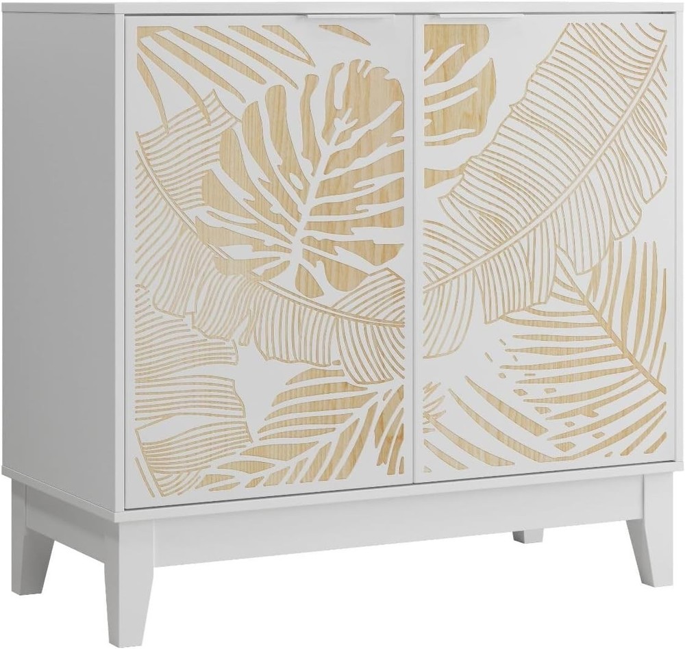 31.5-Inch Rustic Farmhouse Buffet Cabinet with Carved Leaf Details and 2 Storage Doors
