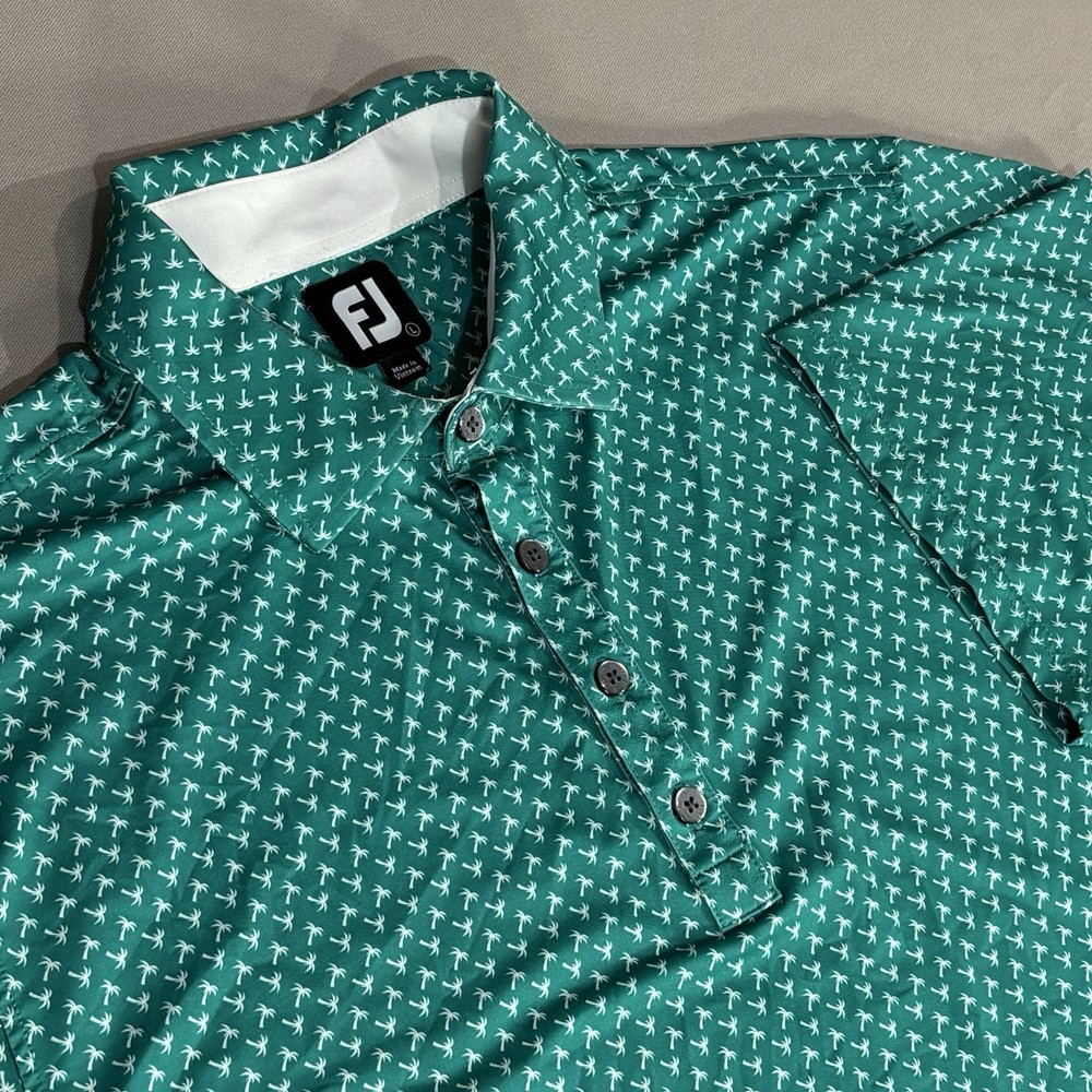 FootJoy Shirt Mens Cyan Green Polo Golf AOP Palm Tree Stretch Short Sleeve Large