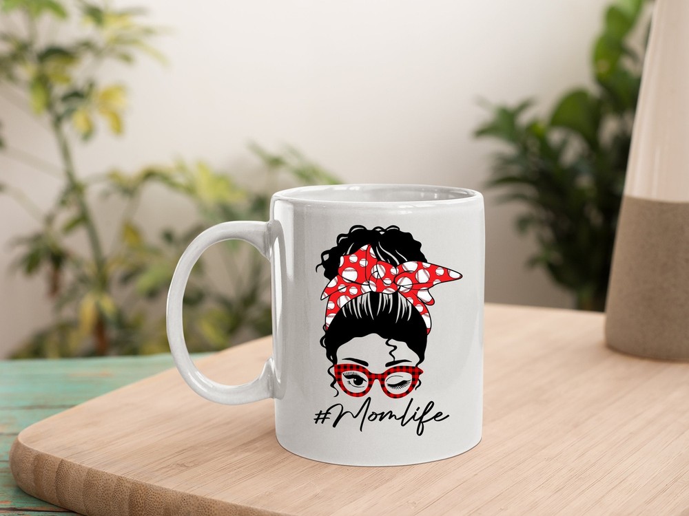 Mom Life Baseball Mom Mug Mothers Day Messy Bun Buffalo Plaid Glasses Mug.