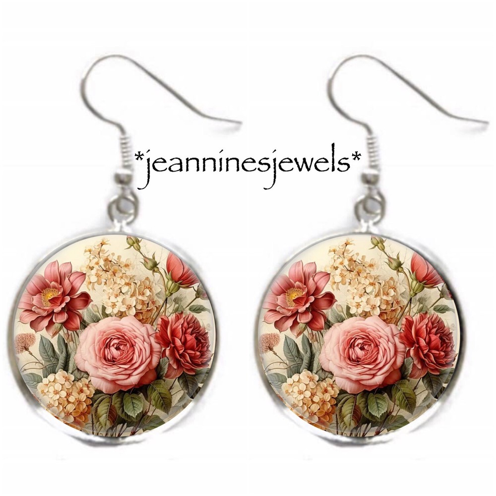 Vintage Roses Flowers Antique Floral Art Print Earrings Silver Charm Drop Dangle