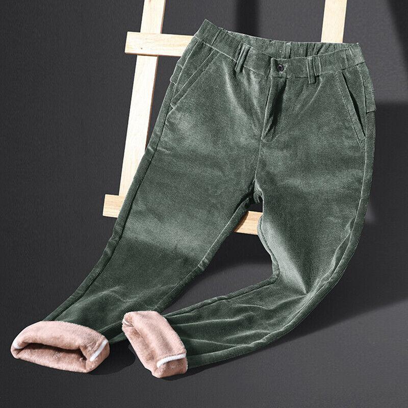 Mens Corduroy Warm Faux Fur Lined Pants Casual Fleeced Pants Trousers