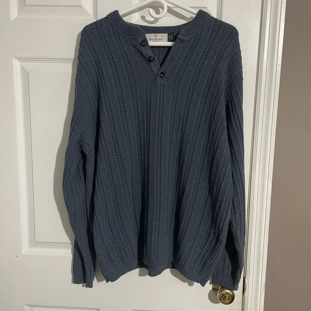 Vintage Bill Blass Men's Knit Sweater Blue Henley Size XL Longsleeve